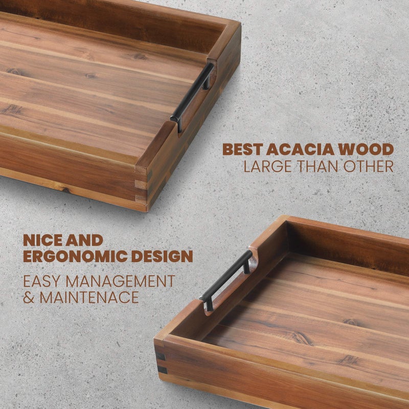 RAKYTO Ottoman Tray, Acacia Wood Serving Tray with Metal Handles, 16.5x12.5in Food Drinks Tray for Coffee Table, Breakfast, Dinner & Bar, Rustic Decorative Storage Tray for Ottoman, Kitchen, Packaging - Image 5